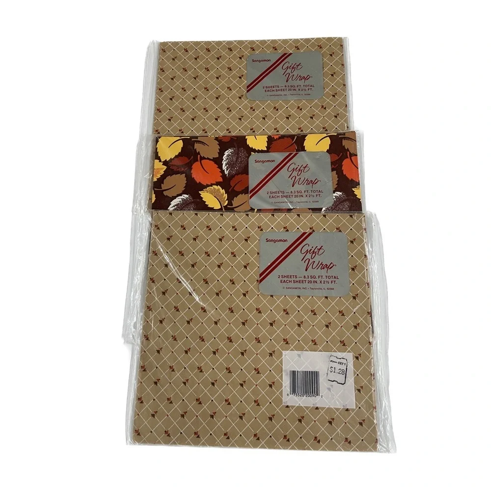 Vintage 1980's Sangamon Earth Tone Leaves Gift Wrap Wrapping Paper 3 pcs Sealed